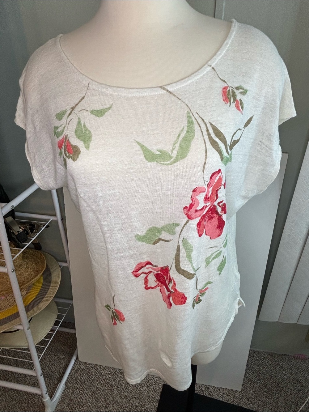 Joie White Short-Sleeve Top with Pink Floral Print